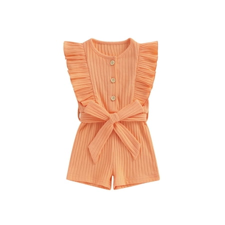 

Wassery Kids Girls Jumpsuits Ruffles Sleeveless Rib Knit Jumpsuits with Belt Toddler Summer Casual Clothes Romper Bodysuits