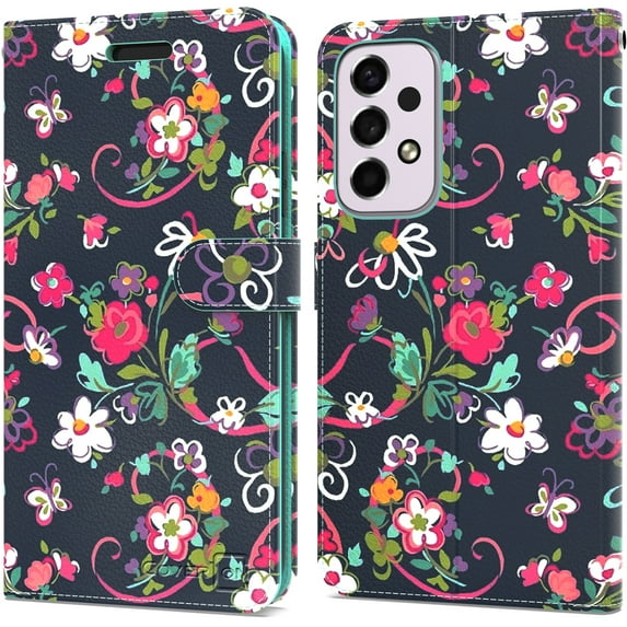 CoverON For Samsung Galaxy A53 5G Wallet Case, RFID Blocking Vegan Leather 6x Card Slot Holder Cover Flip Folio Phone Pouch, Navy Flower