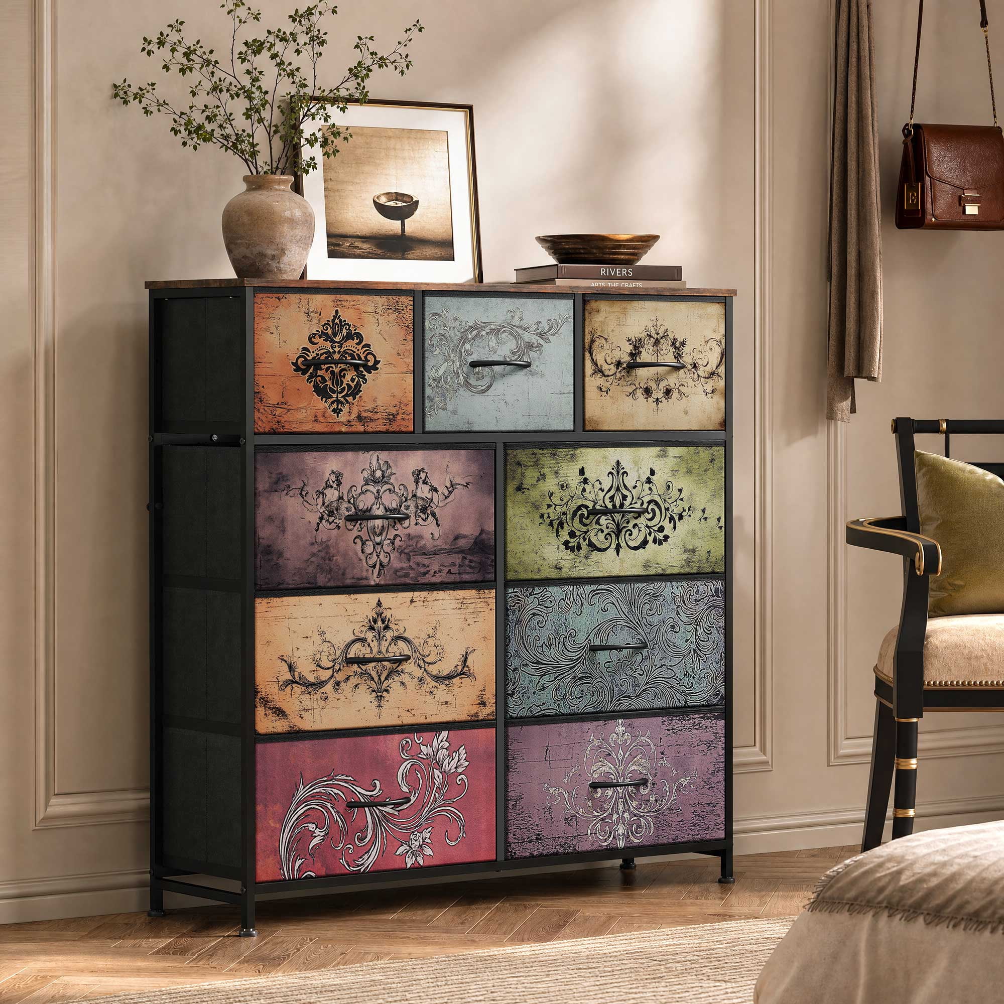 GALAXHERO 9-Drawer Fabric Dresser, Tall Storage Tower for Bedroom, Hallway, Entryway, Closet, Chest Organizer Unit with Fabric Bins, Steel Frame, Wood Top, Easy Pull Handle, Pattern