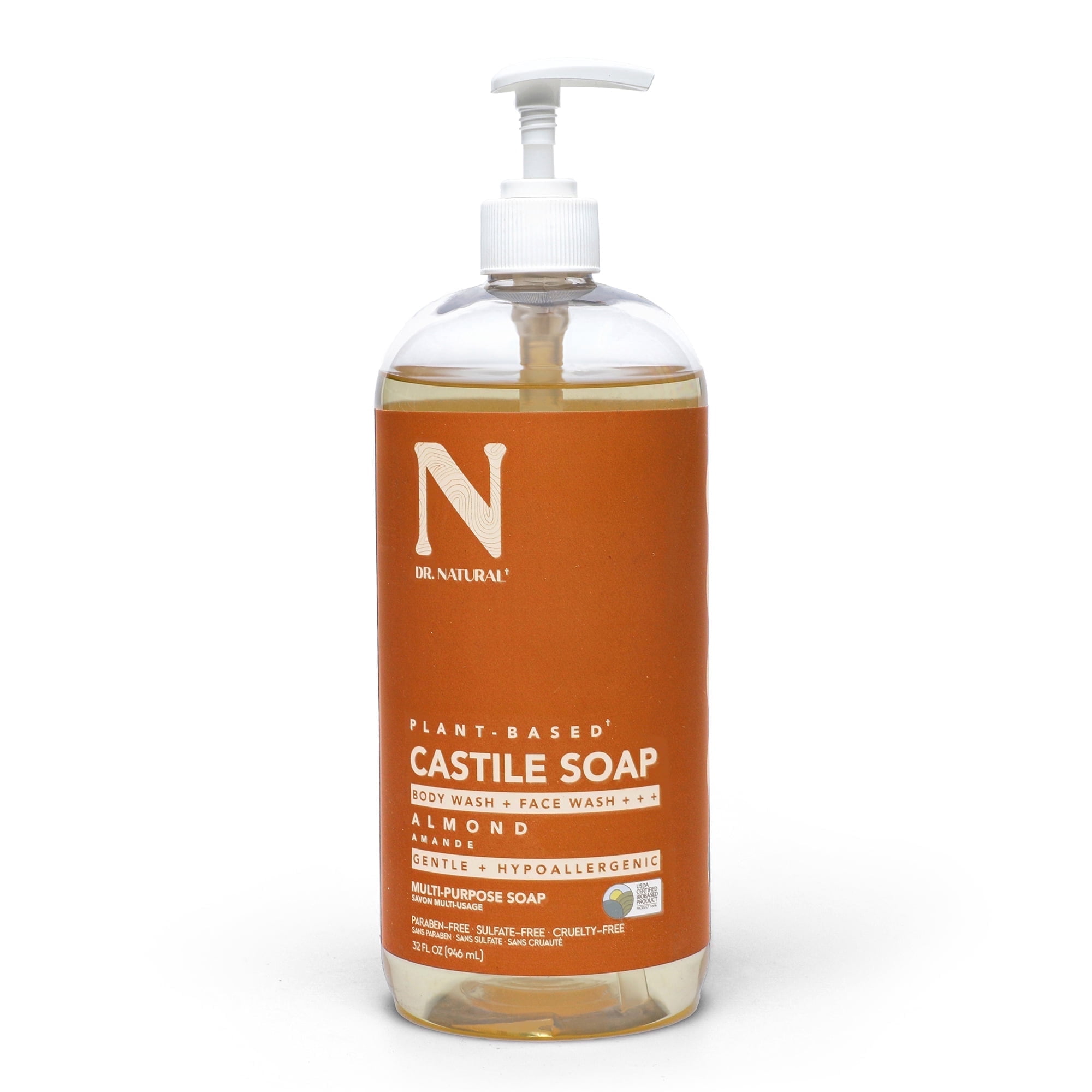 Dr. Natural Almond Castile Liquid Soap, Multipurpose Body Wash, 32 fl oz
