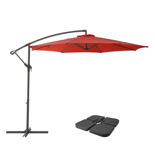 CorLiving 9.5ft Tilting Cantilever Outdoor Patio Umbrella with Steel Frame, 8 Support Arms, and Base Weights Included