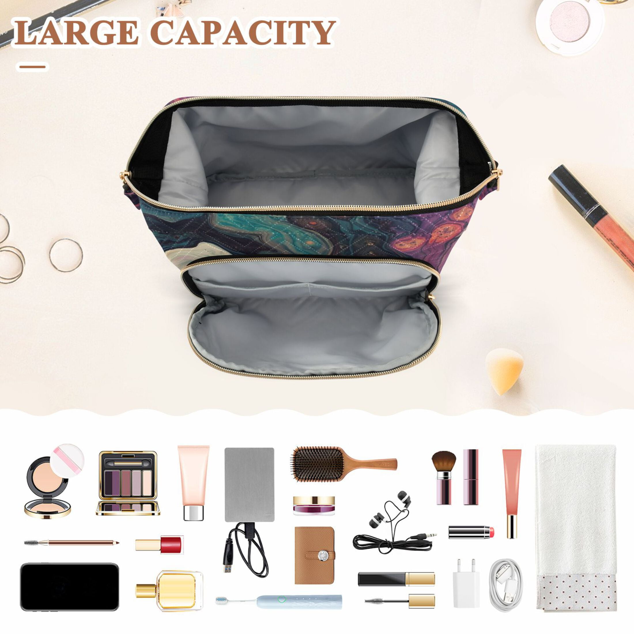Wavy Quilted Cosmetic Bag Large-Capacity Travel Toiletry Organizer Includes 9-Piece Portable Travel Bottle Set Fluid Abstract Patterns