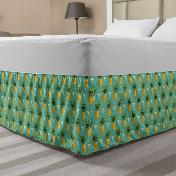 Pineapple Bed Skirt, Geometric Hipster Design Tropical Climate Fruits Pattern Retro Summer, Elastic Bedskirt Dust Ruffle Wrap Around for Bedding Decor, 4 Sizes, Orange Seafoam Green, by Ambesonne