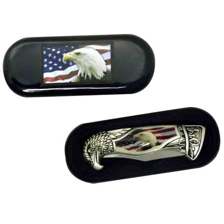 USA Flag & American Bald Eagle Head Shaped Folding Pocket Knife w/ Gift Box Case