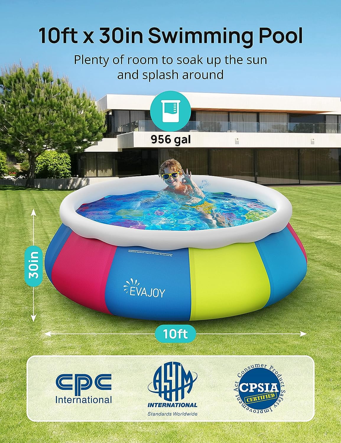 Swimming Pool, EVAJOY 10ft 30in Above Ground Pool Easy Set, Blow Up Pool Kiddie Pool Inflatable Top Ring Swimming Pools for Adults Family Backyard Outdoor with Pool Cover