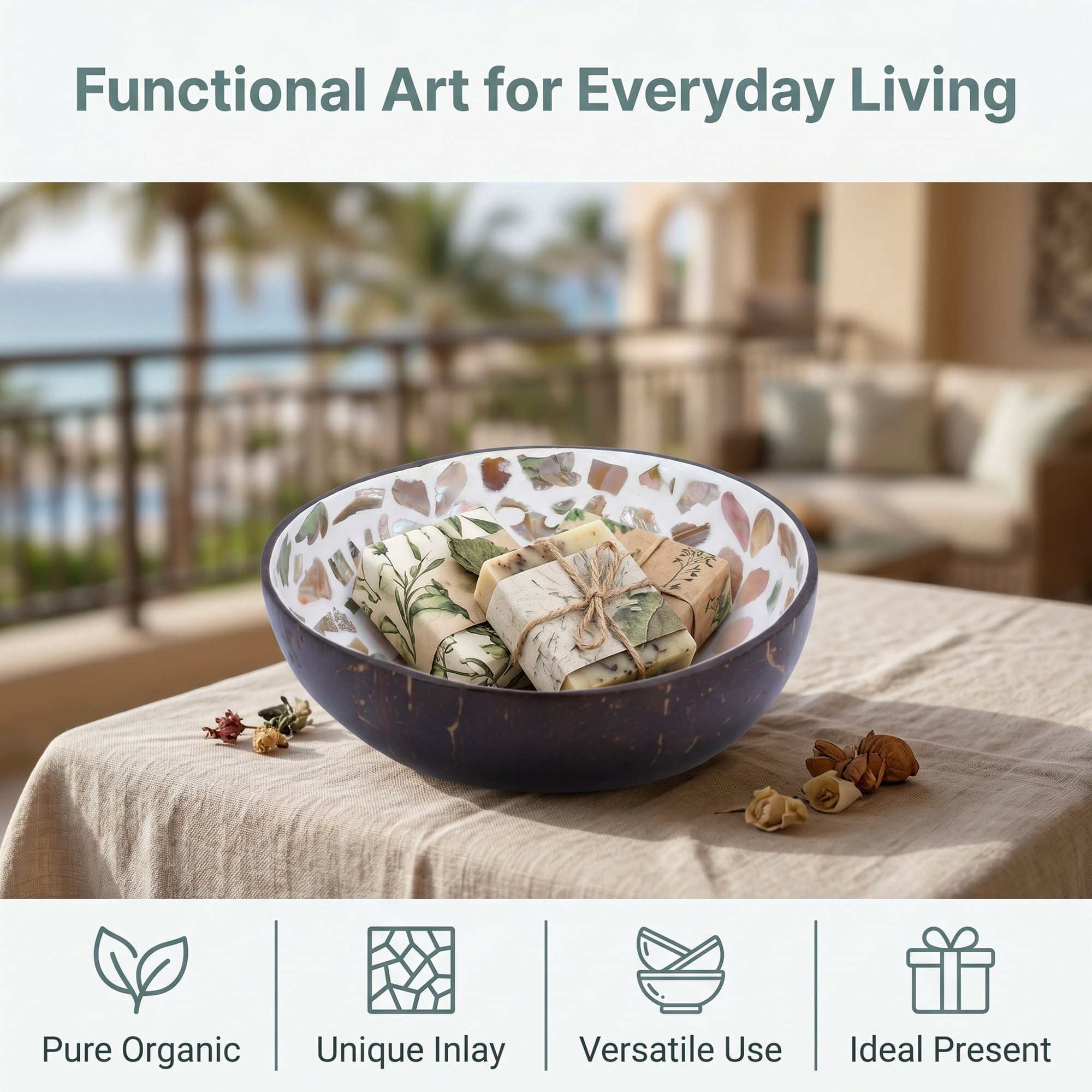 Unique Bargains Handmade Coconut Shell Bowl Catchall Tray White 5.9"L x 5.9"W x 2.8"H