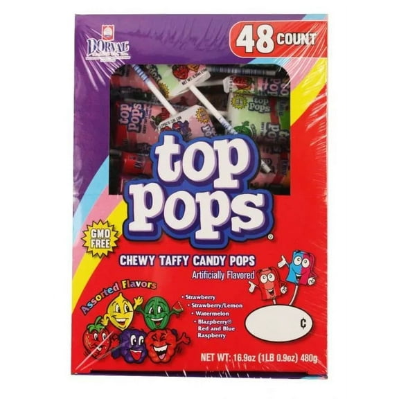 Top Pops Assorted Flavors Chewy Taffy Candy Suckers Lollipops (Pack of 48)