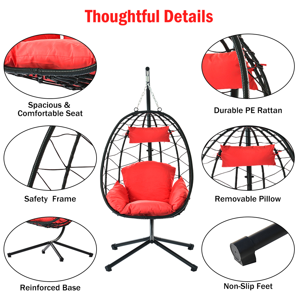 Hanging Wicker Egg Chair with Stand and Red Cushion, Heavy Duty Steel Frame Resin Wicker Hanging Chair, Outdoor Indoor UV Resistant Furniture Swing Chair with Headrest Pillow, 264lbs - image 4 of 13