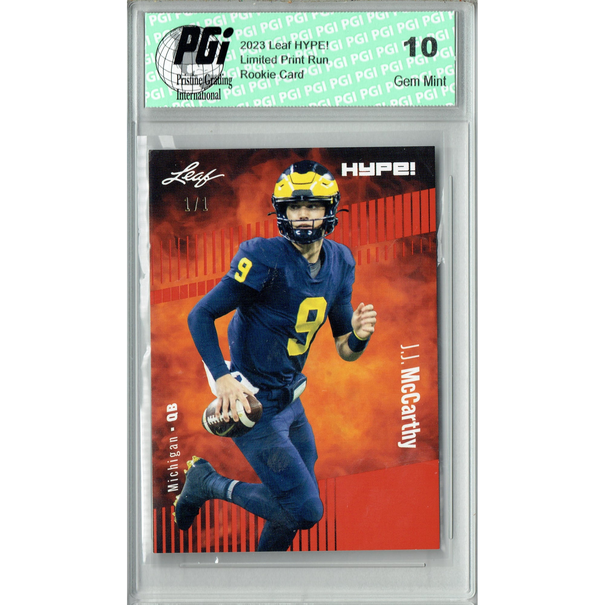 J.J. McCarthy Rookie Card Minnesota PGI 10 Gem Mint Football Trading Card 2023 Leaf HYPE! #122 Orange Blank Back 1/1