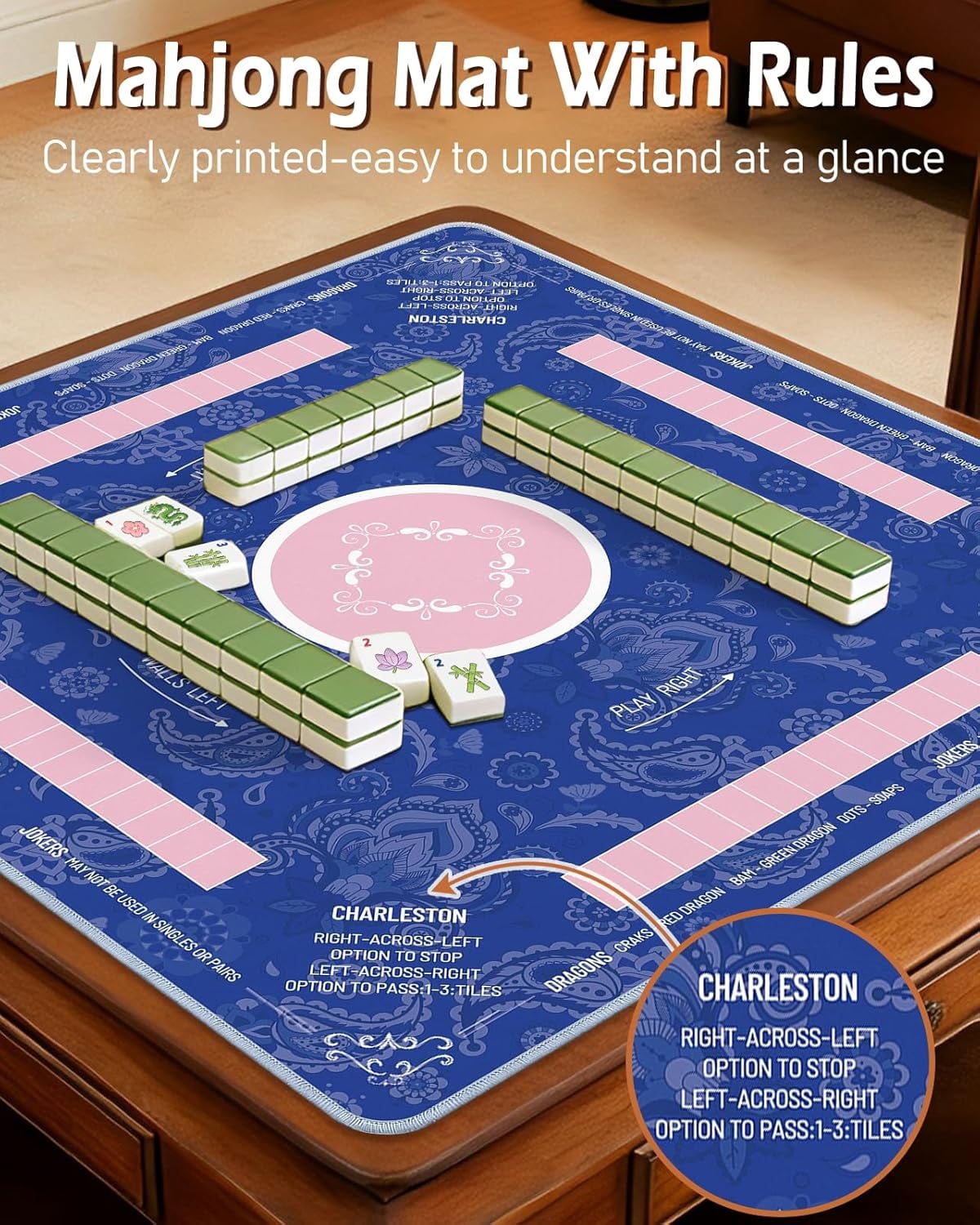Mahjong Mat Table with Rules Mah Jong Mat Neoprene Travel Chinoiserie Floral Majong Learning Mat Instructions Mahjong Gifts Women Unique Non-Slip Rubber Pad, 31.5" x 31.5", Blue Pink