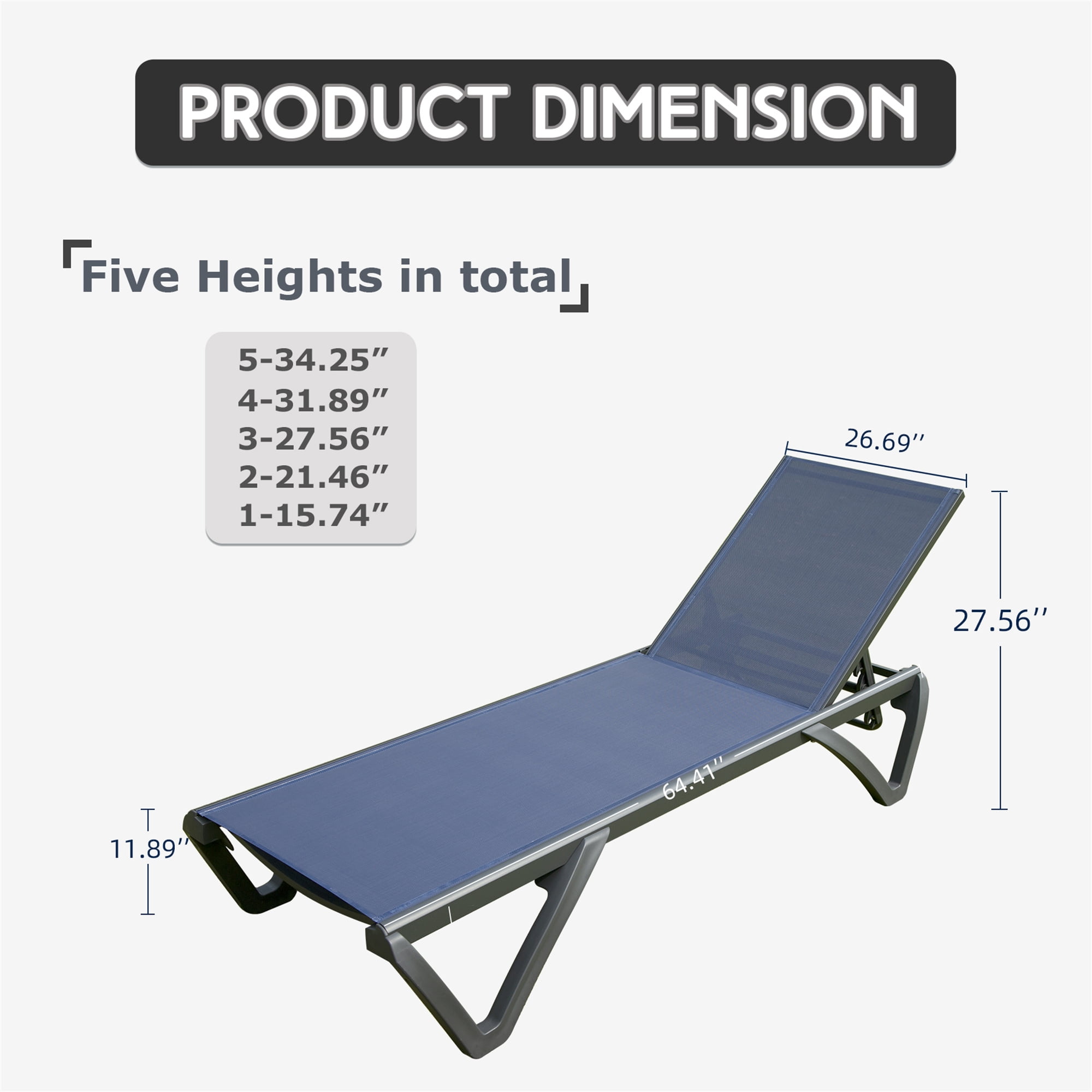 Outdoor Chaise Lounge Chair, 2 Pcs Aluminum Plastic 5 Position Adjustable Backrest Patio Recliner for Poolside Garden Yard, Navy Blue
