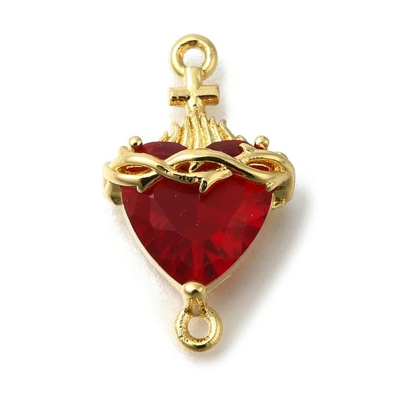 Brass FireBrick Cubic Zirconia Sacred Heart of Jesus Connector Charms Real 16K Gold Plated 22x12.5x8mm Hole: 1.4mm