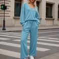 thumbnail image 2 of Women's 2 Piece Sweatsuit Set Long Sleeve Solid Color V-Neck Sweatshirt and Wide Leg Sweatpants Fall Fashion Clothes Airport Travel Pants Tracksuits, 2 of 7