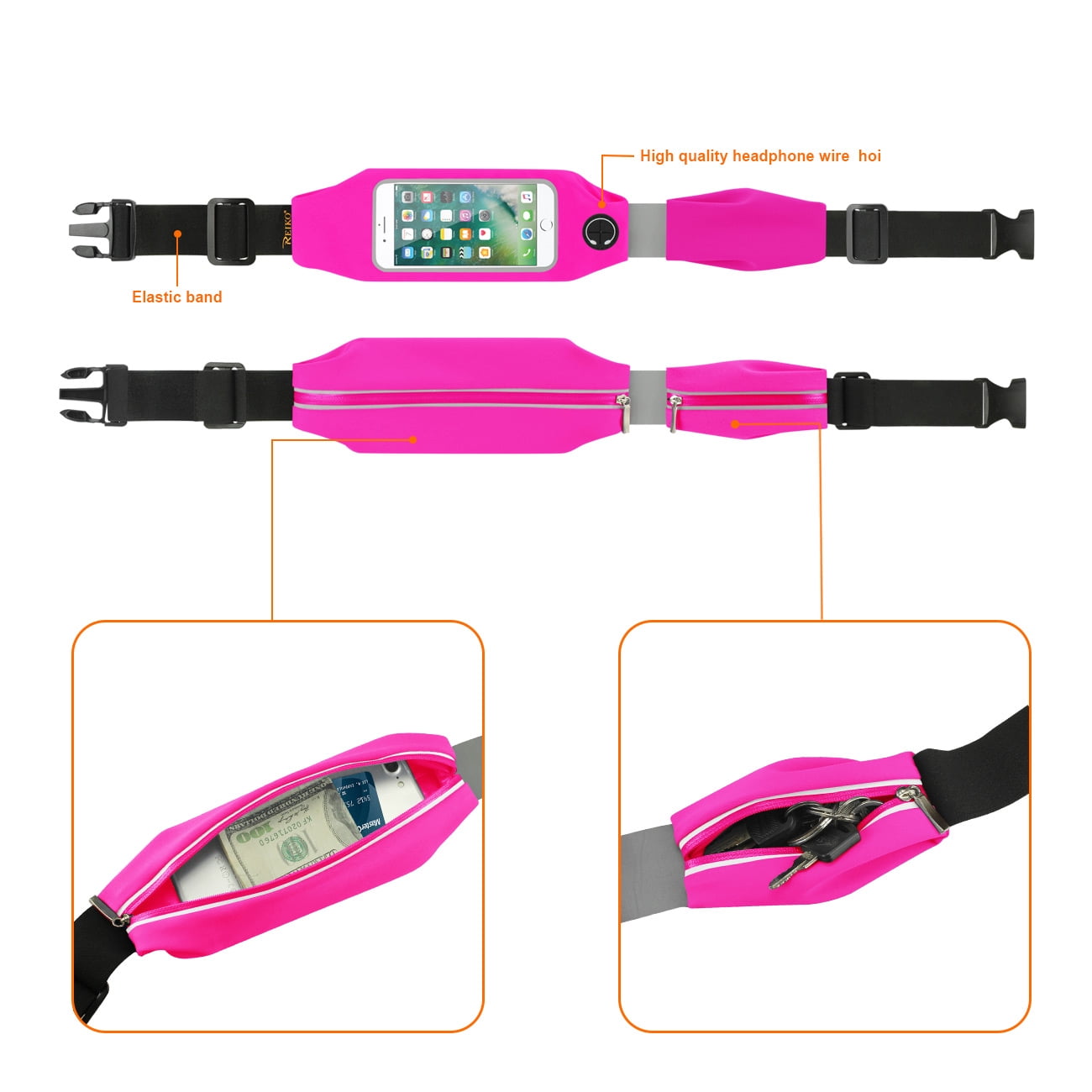 REIKO RUNNING SPORT BELT FOR IPHONE 7/ 6/ 6S OR 5 INCHES DEVICE WITH TWO POCKETS IN PINK (5x5 INCHES)