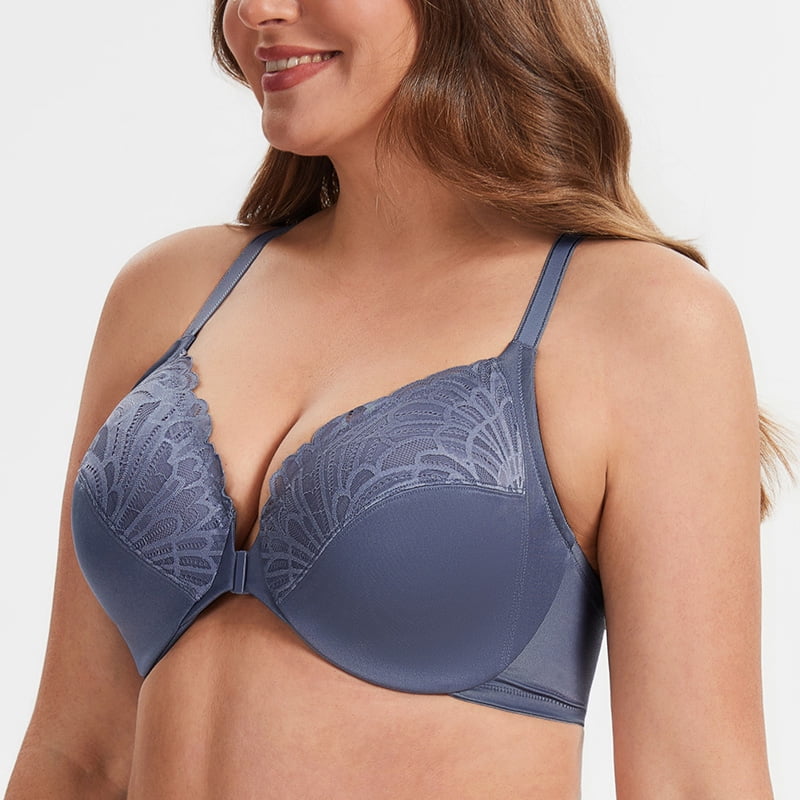 MELENECA Women's Racerback Front Closure Lace Unlined Plus Size Full Coverage Underwire Bra Slate Blue 34B