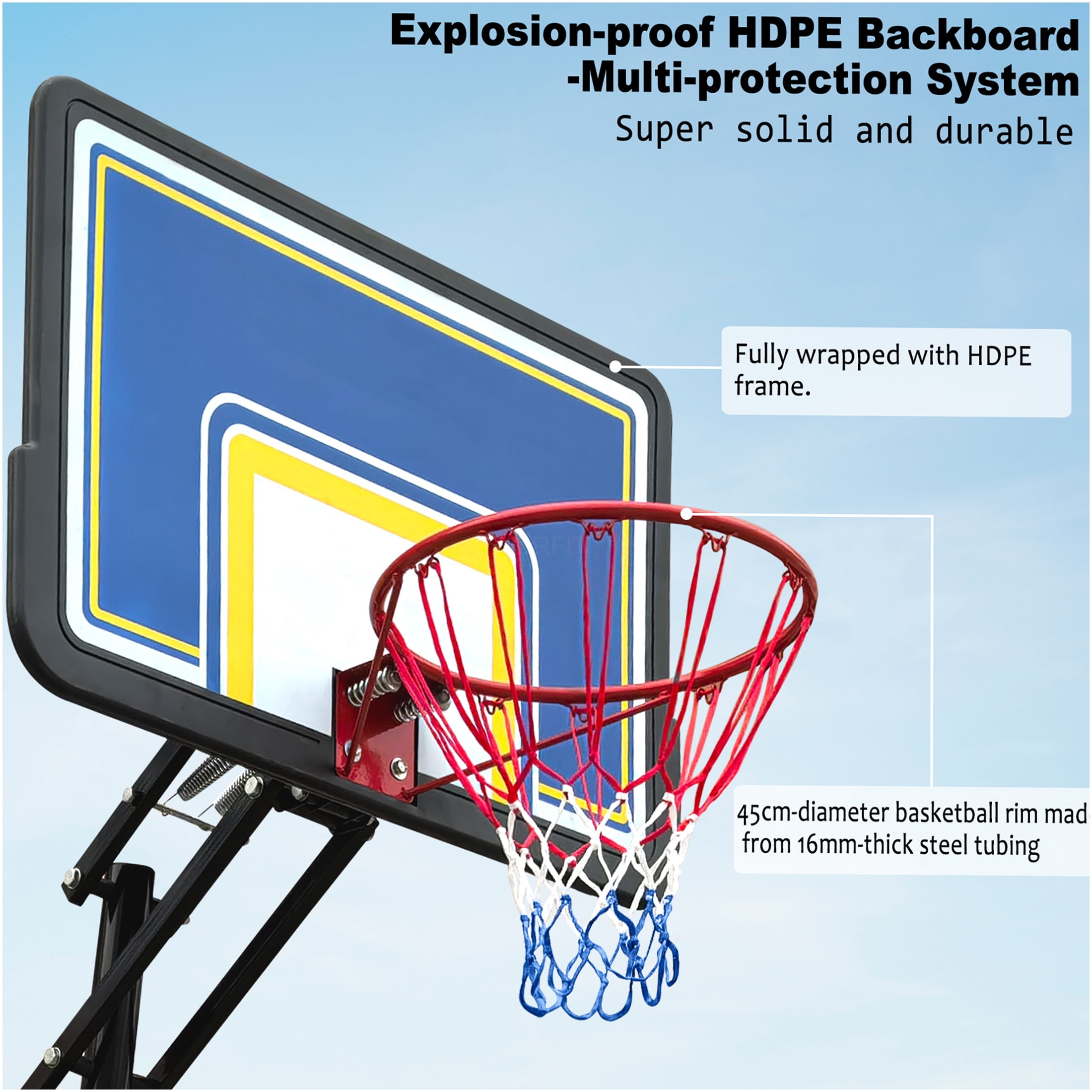 JERFIT Portable Basketball Hoop System with 39" Backboard, Adjustable Height 8-10 ft, Rebound Board, Wheels for Indoor Outdoor Use, Youth & Adults