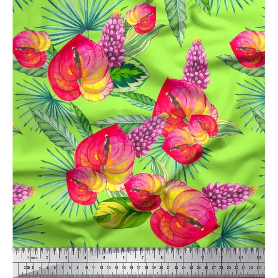 Soimoi Moss Georgette Fabric Leaves,Laceleaf & Lupine Floral Printed Fabric 1 Yard 42 Inch Wide