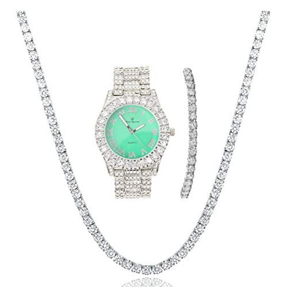 Charles Raymond Women's Big Rocks Colored Dial with Roman Numerals Fully Iced Out Wristwatch and Blinged Out Sparkling Tennis Necklace & Bracelet Jewelry Set - ST10327LA 3pc Set (Silver Mint)