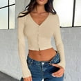 thumbnail image 2 of Women's T-Shirts Long Sleeve Womens Fall Tops Ribbed Button Cardigan Right Shoulder Cute Tee Shirts Beige M, 2 of 5