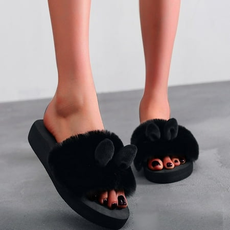 

Wodofoxo Promotion Fashion Indoor Rabbit Ear Women Slip-on Open Toe Flat Warm Winter Slipper Shoes