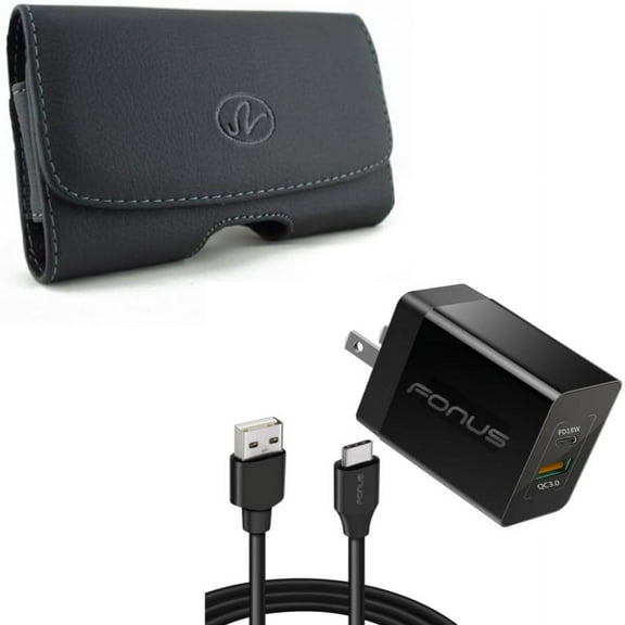 Case Belt Clip & 36W PD Home Charger for iPhone 15 Pro Max - Leather Swivel Holster Loops and Fast Type-C 6ft Long Cable USB-C Power Cord V2O for iPhone 15 Pro Max (6.7")