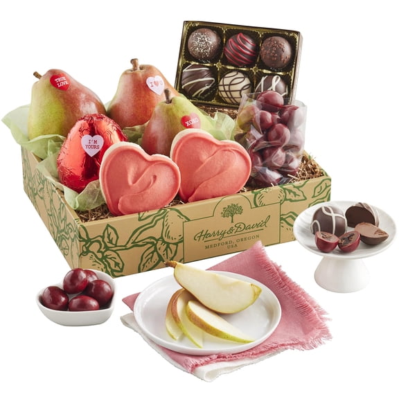 Harry & David Classic Valentine's Day Gift Box, Gourmet Pears, Heart-Shaped Cookies, Chocolate Covered Cherries, Chocolate Truffles, Premium Sweets Assortment, 3 Lb 8 Oz
