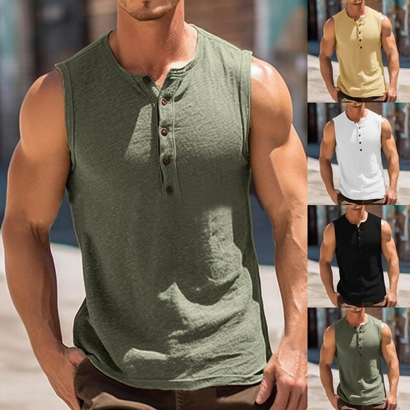 lcziwo Men's Casual Tank Top Henley Shirt Summer Beach Hippie Shirt Half Button Sleeveless Muscle T Shirts Outdoor Gym Fitness ShirtToday's Deals,Khaki,XXXL