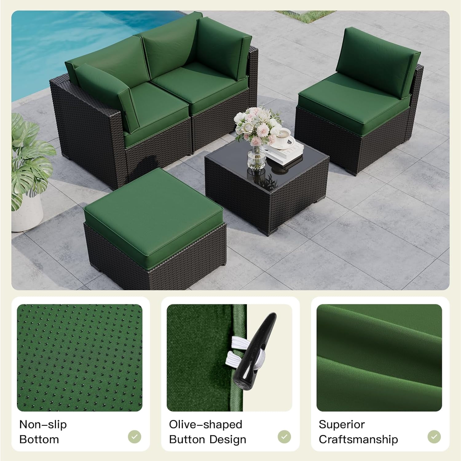 Patio Furniture Replacement Cushions for Outdoor Furniture Set of 4, Thick Patio Sofa Cushions for Outdoor Furniture, 9-Piece Splashproof Fade Resistant Cushions for Outdoor Couch, Green