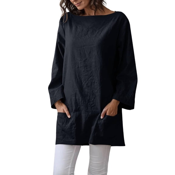 Long Sleeve V Neck T Shirts for Women Long Sleeve Linen Shirt Boat Neck Loose Plain Casual Lightweight Spring Fall Shirts Linen Tops with Pockets Ship Leader Women's Long Sleeve T-Shirt
