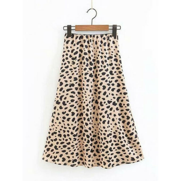 Women High Waist Leopard Print Skirt Midi Length Elasticized