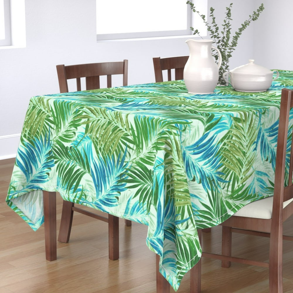 Tablecloth Tropical Palm Leaves Botanical Green Light Blue Cotton