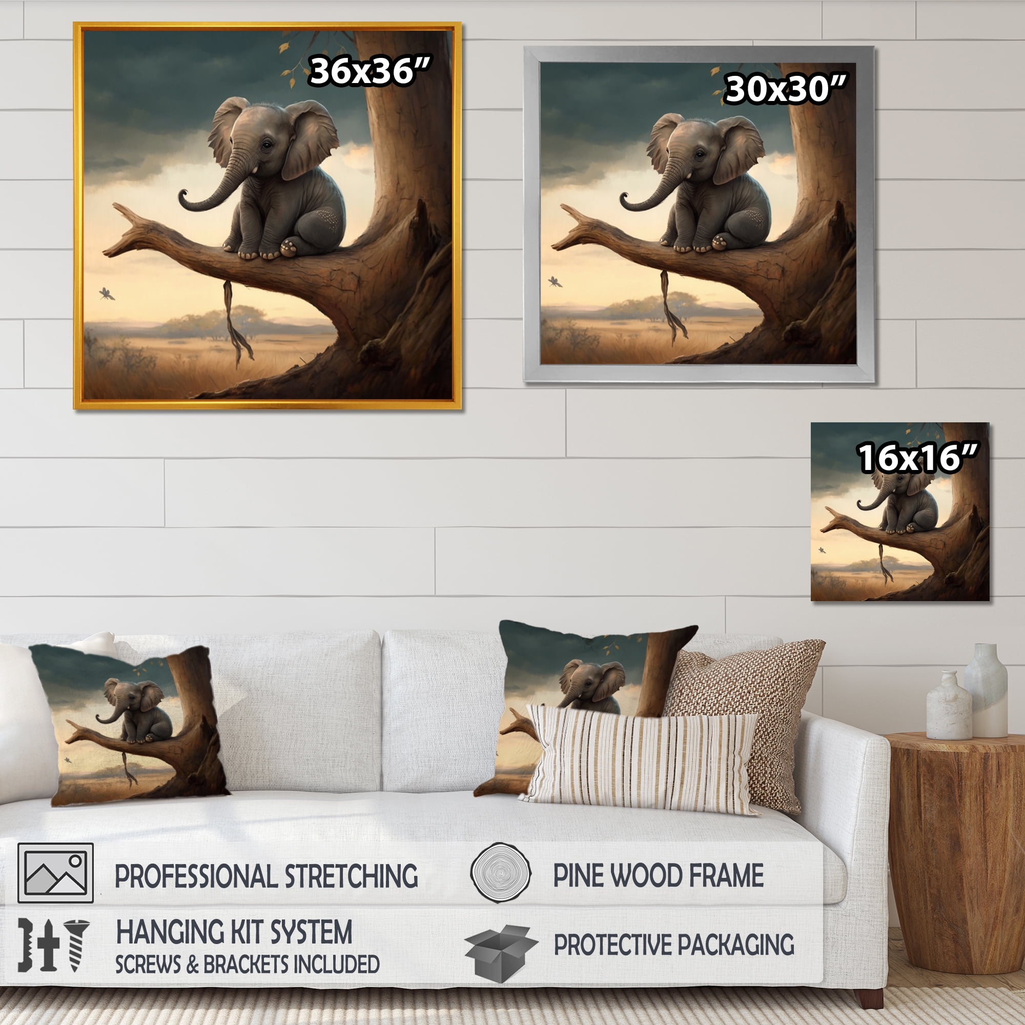 Designart Elephant On Tree I Canvas Wall Art