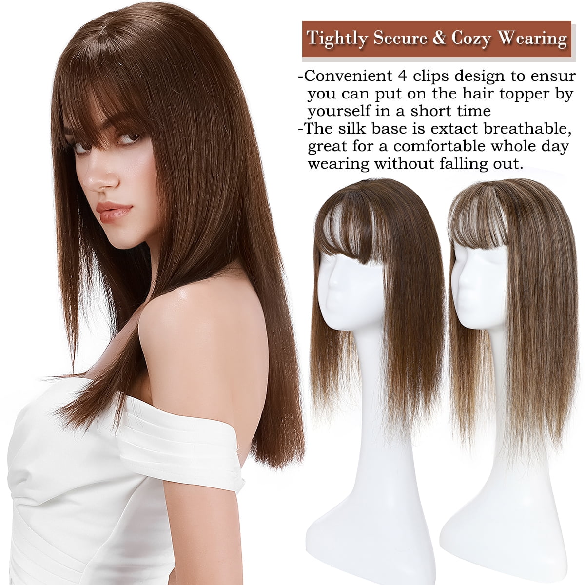 SEGO Clip in Hair Extensions Human Hair Toppers with Bangs 100% Real Human Hair for Thinning/Loss Hair Natural Black Hair Pieces