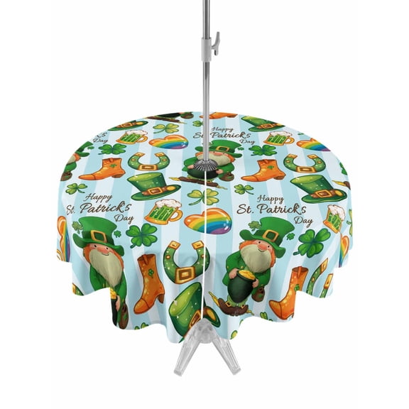 Saint Patrick's Day Outdoor Tablecloth - 60 Inch Round Dining Table Cover, Gnomes Hat Boot Clovers Blue Stripes Waterproof Outdoor Table Cloth with Umbrella Hole & Zipper for Picnic/Patio/Party