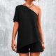 thumbnail image 2 of Moda para mujer Color sólido Verano 2 piezas Hombros inclinados irregulares Casual Sexy Tops Conjuntos de pantalones cortos Pompotops  ulkah937357, 2 of 8