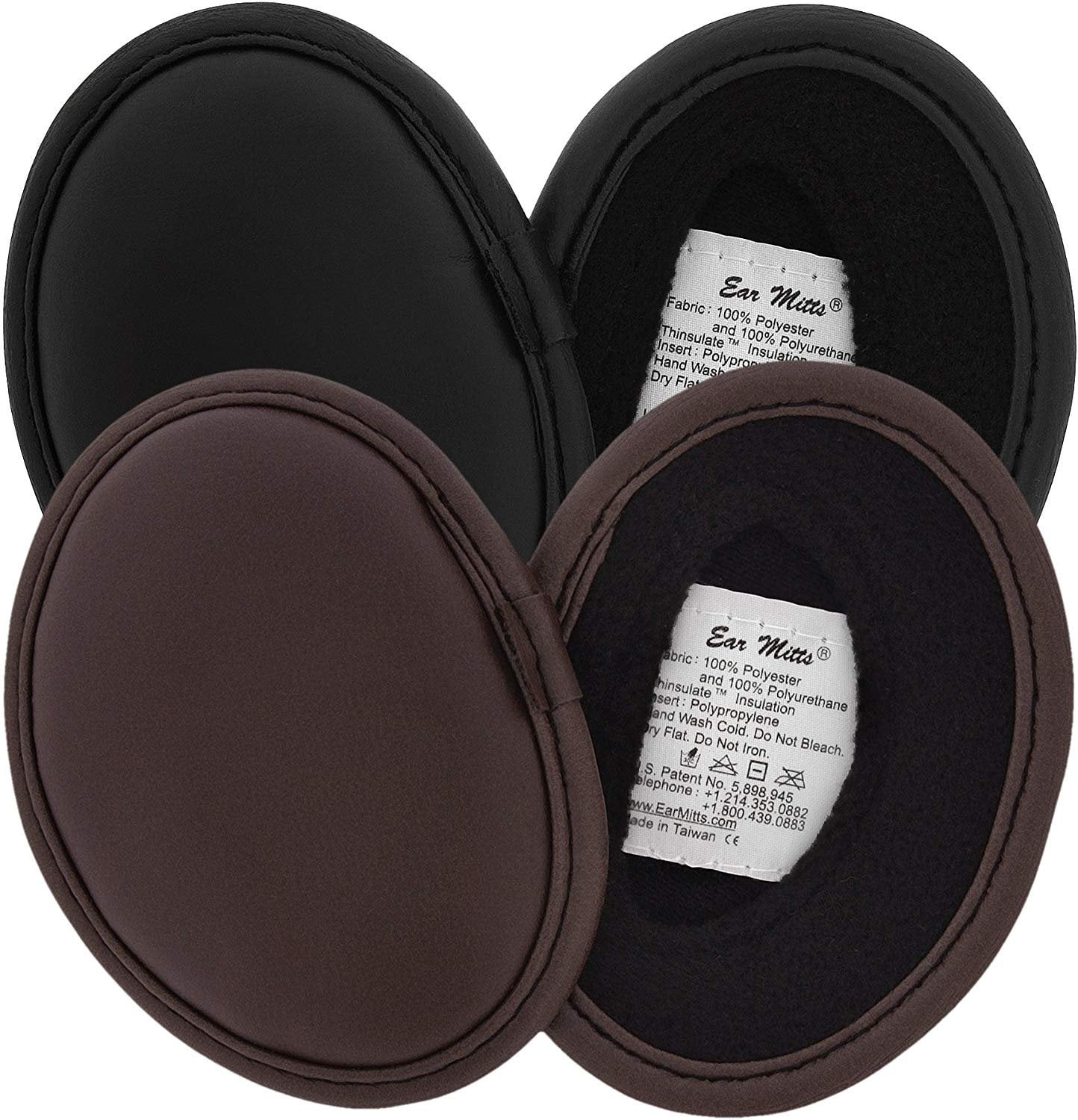 2 Pack Ear Mitts Faux Leather Bandless Winter Ear Muffs, Black & Brown