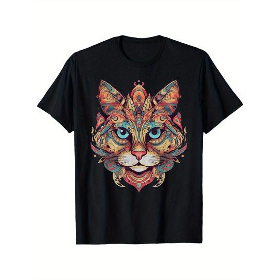 Geometric Cat Graphic Tee Top Cotton Top Breathable Loose Fit Round Neck Casual Shirt Black S-5XL