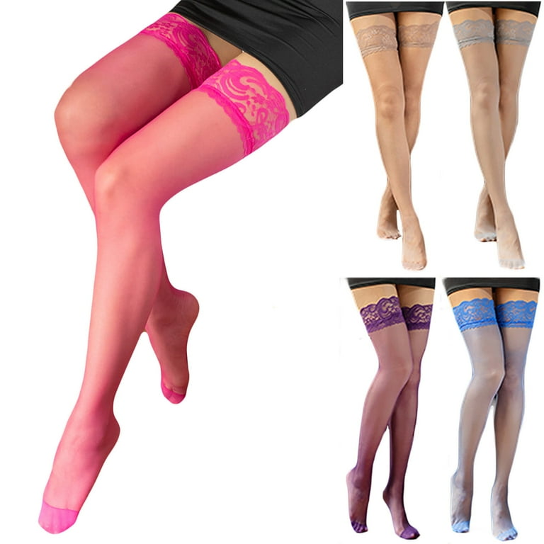 5Pack Nylon Shiny Thigh High Stockings, Lace Sheer Tights,Stay Up lingerie Pantyhose  for Women 