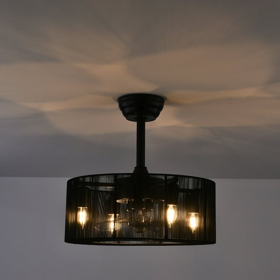 Black 18" Rustic Farmhouse Ceiling Fan Caged Light Chandelier Lamp Fixture with Remote