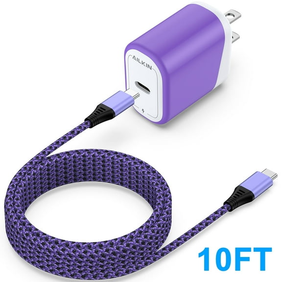 USB C Charger 10ft,AILKIN Usb C to Usb C Cables 10ft PD 20W Power Delivery Type C Charger Fast Charging 10ft Feet USB C Wall Charger Block Adapter Plug,Purple
