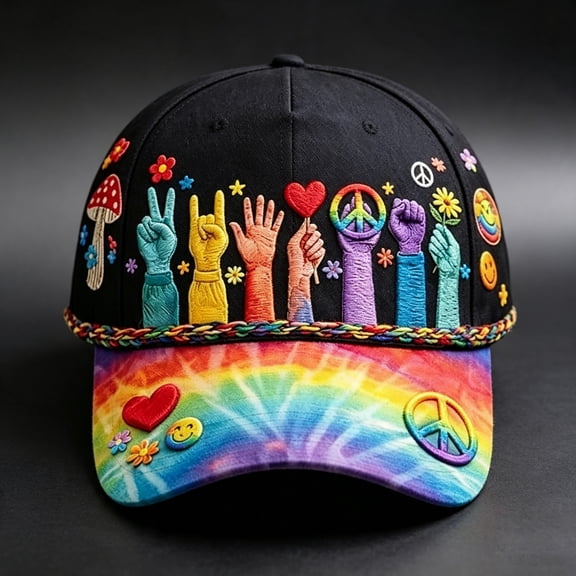 Peace Sign Hippie Baseball Cap, Retro Rainbow Tie‑Dye Brim Hat, Boho Peace Gesture Graphic Trucker Cap, Casual All‑Season Daily Wear Hat for Men Women