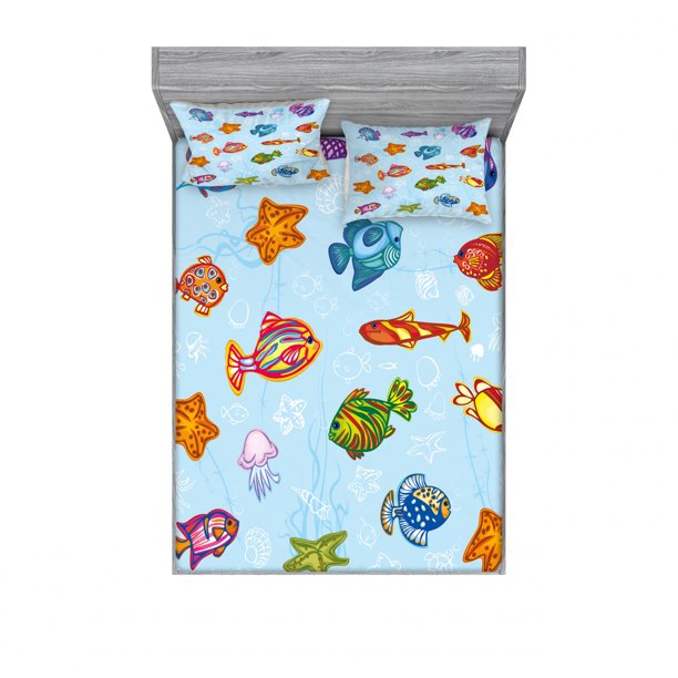 Ocean Bedding Set with Sheet & Covers, Types of Fish in Deep Sea Navy