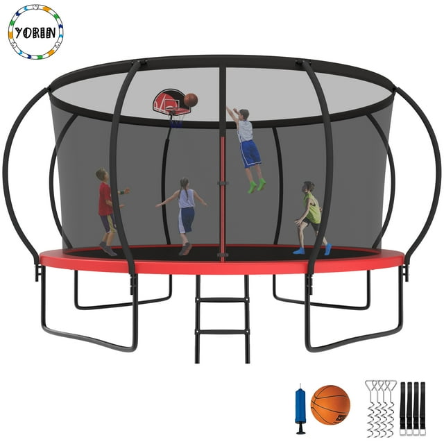 YORIN Trampoline pour Enfants de 7 à 8 Ans, Trampoline de 14 Pi pour Adultes avec Filet de Protection, Panier de Basketball, Échelle, Capacité de Poids de 1400 Lb, Trampoline Récréatif Extérieur, Trampoline Robuste