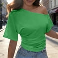 thumbnail image 2 of Glisme Women T-Shirt Solid Color Short Sleeve Asymmetrical Off One Shoulder Crop Tops Summer Soft Women Tees Size 3XL Green, 2 of 3