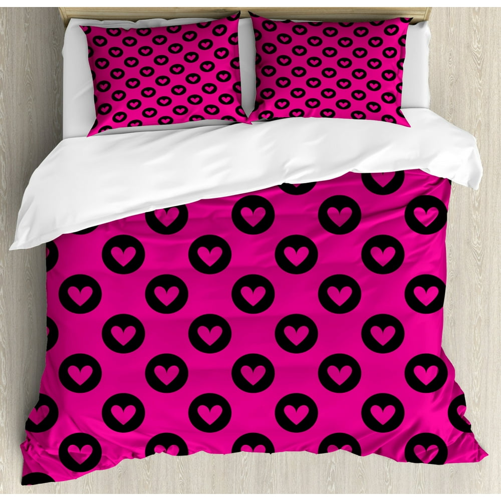 Hot Pink Duvet Cover Set Queen Size, Cute Pink Hearts inside Big Black Spots Pattern in