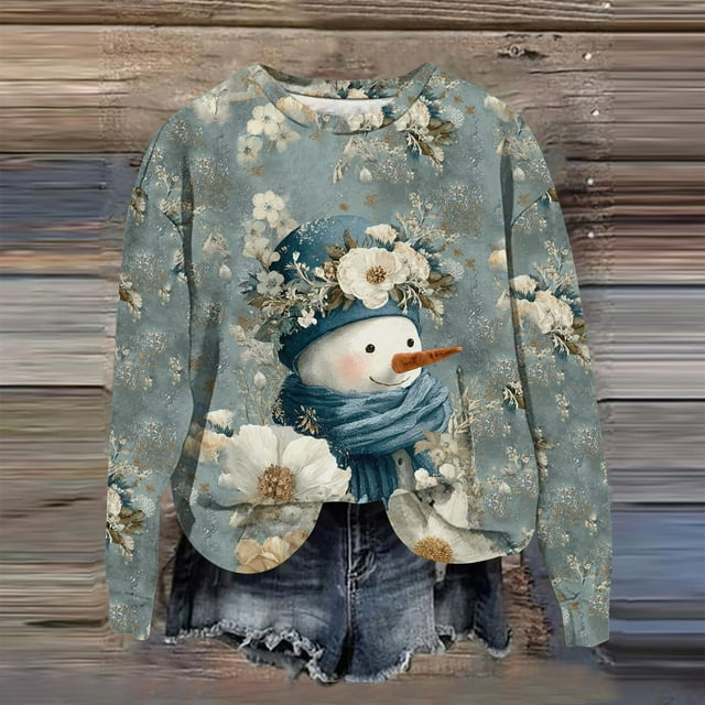 Chandails en Molleton de Noël pour Femmes Grande Taille Col Rond Imprimé Père Noël Manches Longues Vêtements d'Automne Amusants Bleu Foncé TG