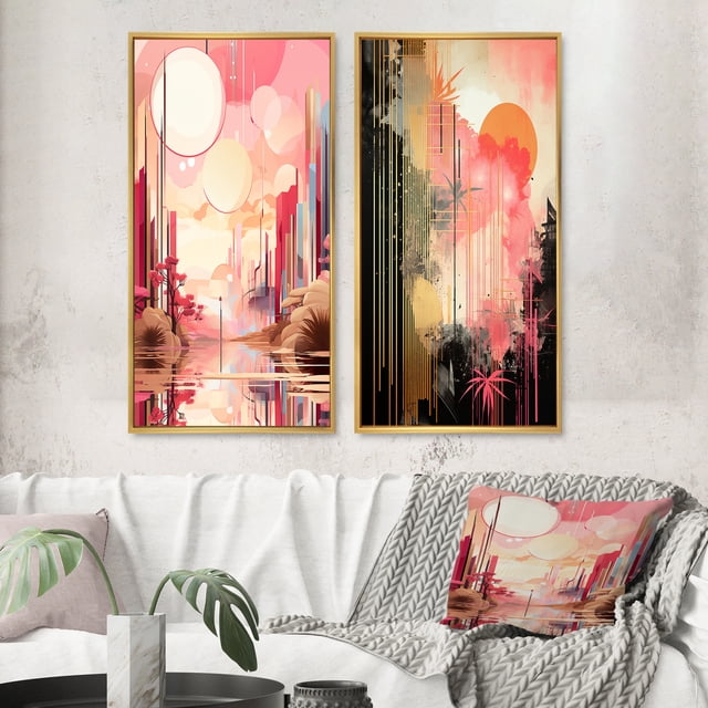 Designart "Pastel Gold Serenity Boho Landscape III" Modern Geometric Framed Wall Art Set Of 2 - Modern Pink Gallery Wall Frame Set For Home Decor