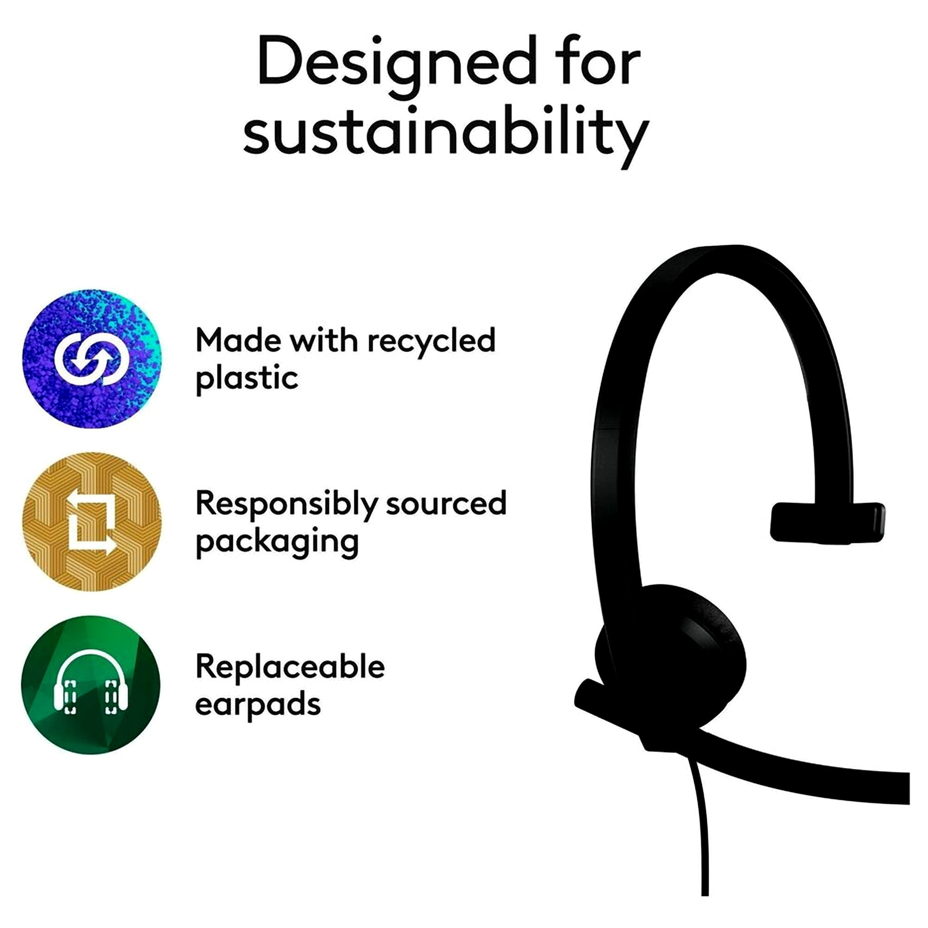 Logitech H570e Over-Ear Headphones with USB Mono Headset with Noise-Cancelling Microphone, Black, 1 Pack