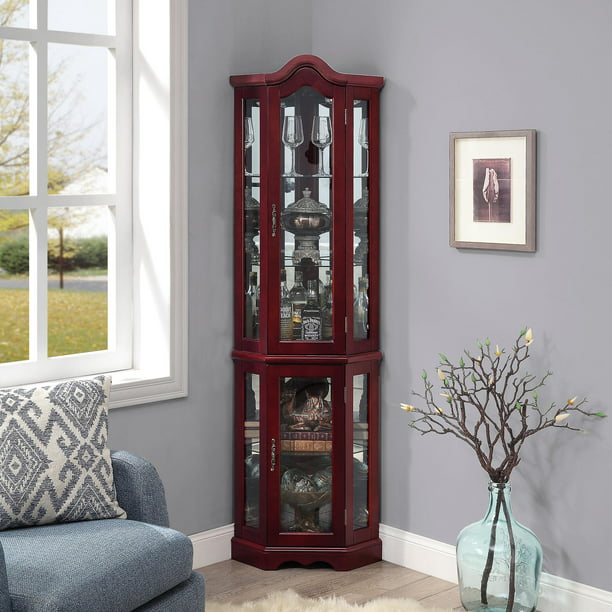 Belleze Loraine Canted Front Lighted, Curio Cabinet Corner Unit