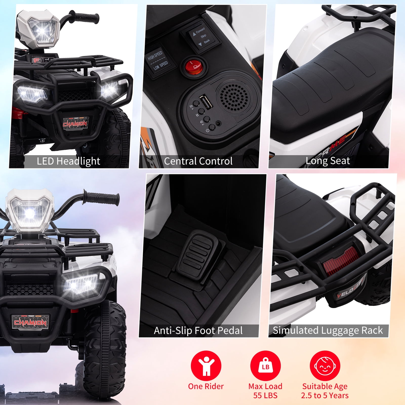 12V Ride on ATV for Kids, Electric Vehicle for Toddlers,High/Low 2.2mph Safety Speed for Child, Forward/Backward,LED Light, Music,USB for Boys Girls Gift
